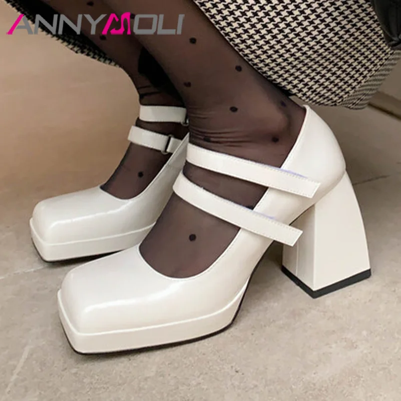 

ANNYMOLI Women Genuine Leather Pumps Thick High Heels Square Toe Mary Janes Buckle Party Concise Party Spring Autumn Shoes Black