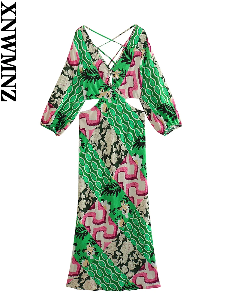 

XNWMNZ Women's Fashion 2023 Printed Linen Blended dress Women Vacation V-neck Long Sleeve Cut-out Back Cross Tie Female Dresses