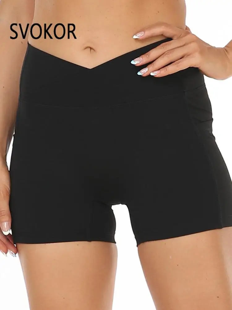 

Шорты для йоги SVOKOR с перекрестной талией и карманами, Женские однотонные спортивные трёхконечные брюки, облегающие леггинсы без неловких линий