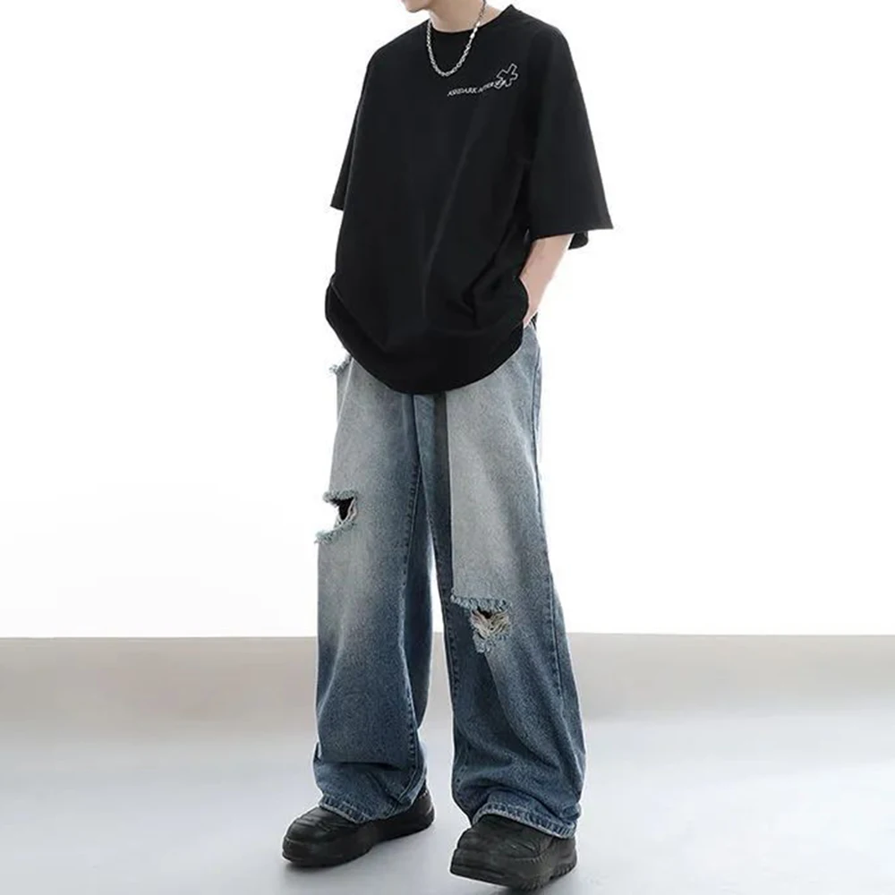 Summer New Elastic Waist Ripped Jeans Men's American High Street Y2K Straight Hiphop Loose Wide-leg Pants Gradient Trousers