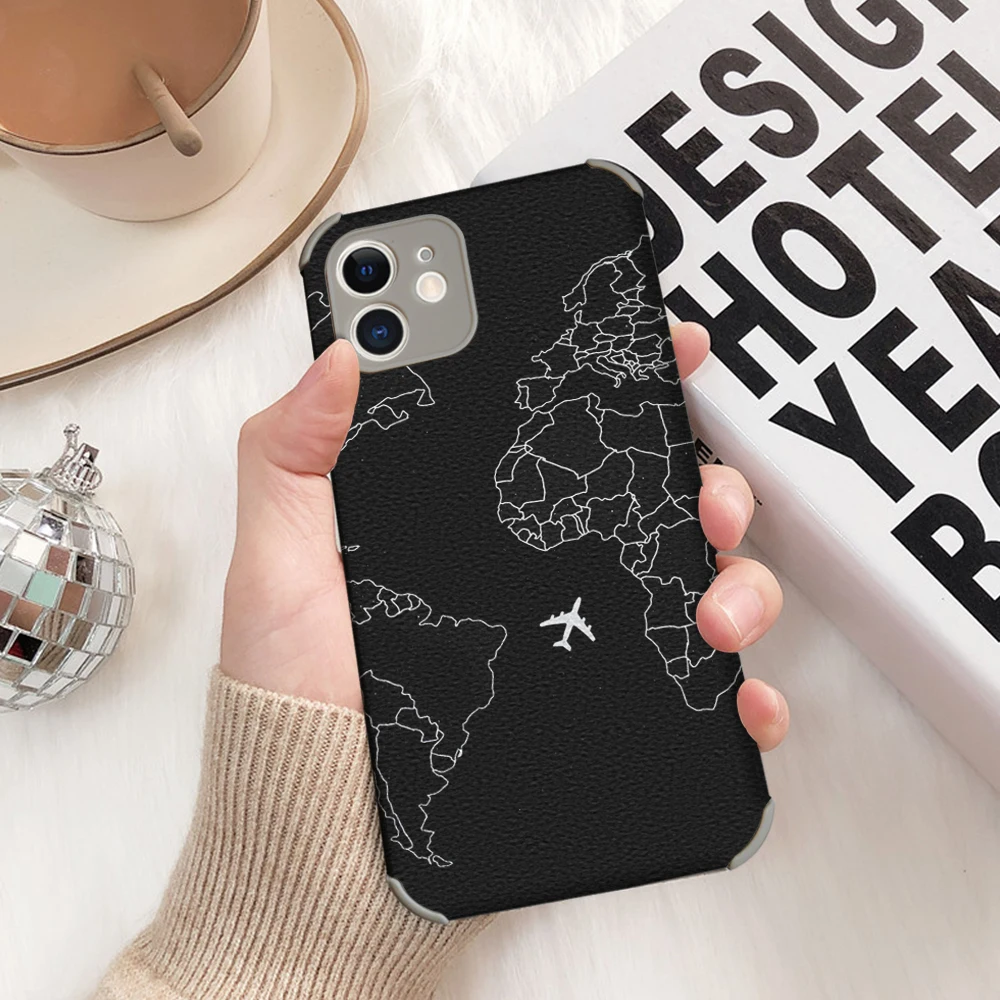 

World Map Lambskin Protective soft case For apple iphone 13 12 11 Pro MAX MiNi 7 8plus X XS XR Travel Map Ailplane Soft Cover