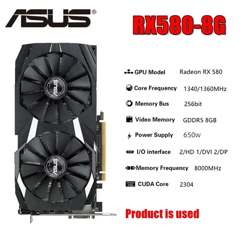 Б/у видеокарты ASUS AMD RX 580 8 ГБ GDDR5 GPU видеокарта 256Bit PCI Express 3,0 16X RX580