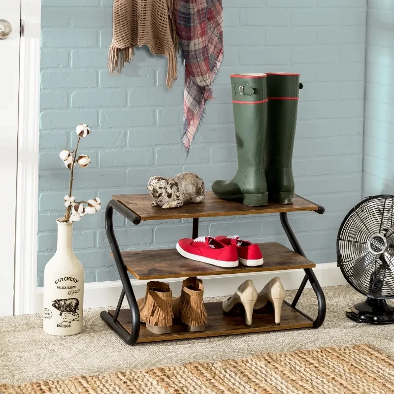 

3-layer Z-frame wooden shoe rack with matte black metal shoe rack storage shoe rack organizer
