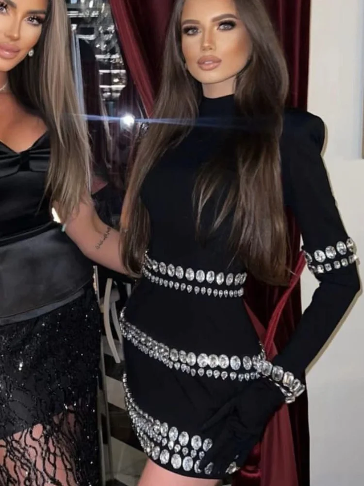 

2023 New Summer Women's Black Diamond Beaded Design Sexy Long Sleeve Celebrity Party Club Midi Bandage Dress Vestidos