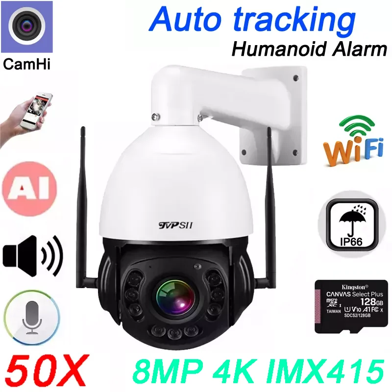 

Auto Tracking Cruise CamHi H.265 8MP 4K IMX415 Infared 128G 50X 36X Zoom Audio 360° Rotate AI Alarm WIFI PTZ IP CCTV Camera