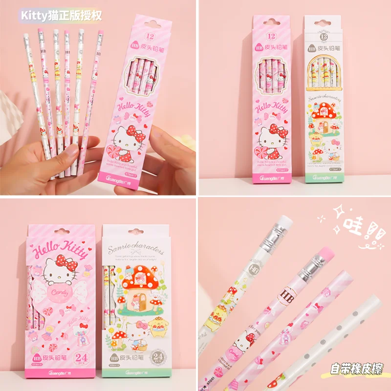 

Sanrio 24/48pcs Wooden Pencil Hello Kitty Pom Pom Purin Cartoon Student Sketch Pencil Hb Comes With Rubber Children's Stationery