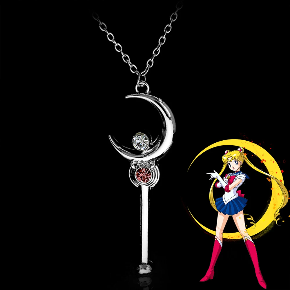 

Cartoon Anime Sailor Moon Crystal Pendant Necklace Silver Colour Tsukino Usagi Weapon Necklace for Women Jewelry Toy Gift