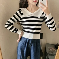 lazy style autumnwinter 2022 korean version of the new womens striped loose long sleeved short bottoming sweater top women