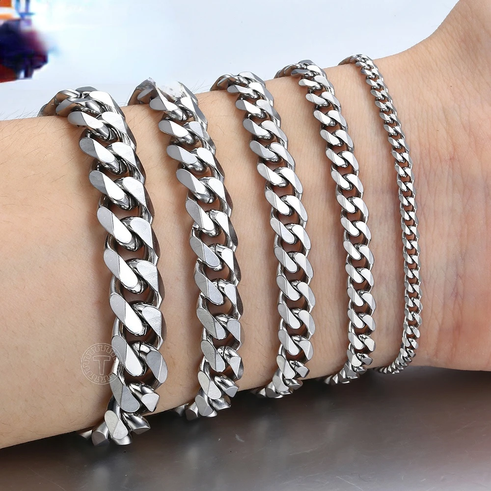 

Men's Bracelets Stainless Steel Curb Cuban Link Chain Black Gold Silver Color Bracelet For Women Couple Jewelry KBM03