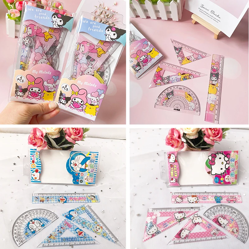 

4Pcs Kuromi Kittys My Melody Anime Stationery Set Cartoon Kawaii Protractor Triangle Ruler Learning Supplies for Sutdents Gifts