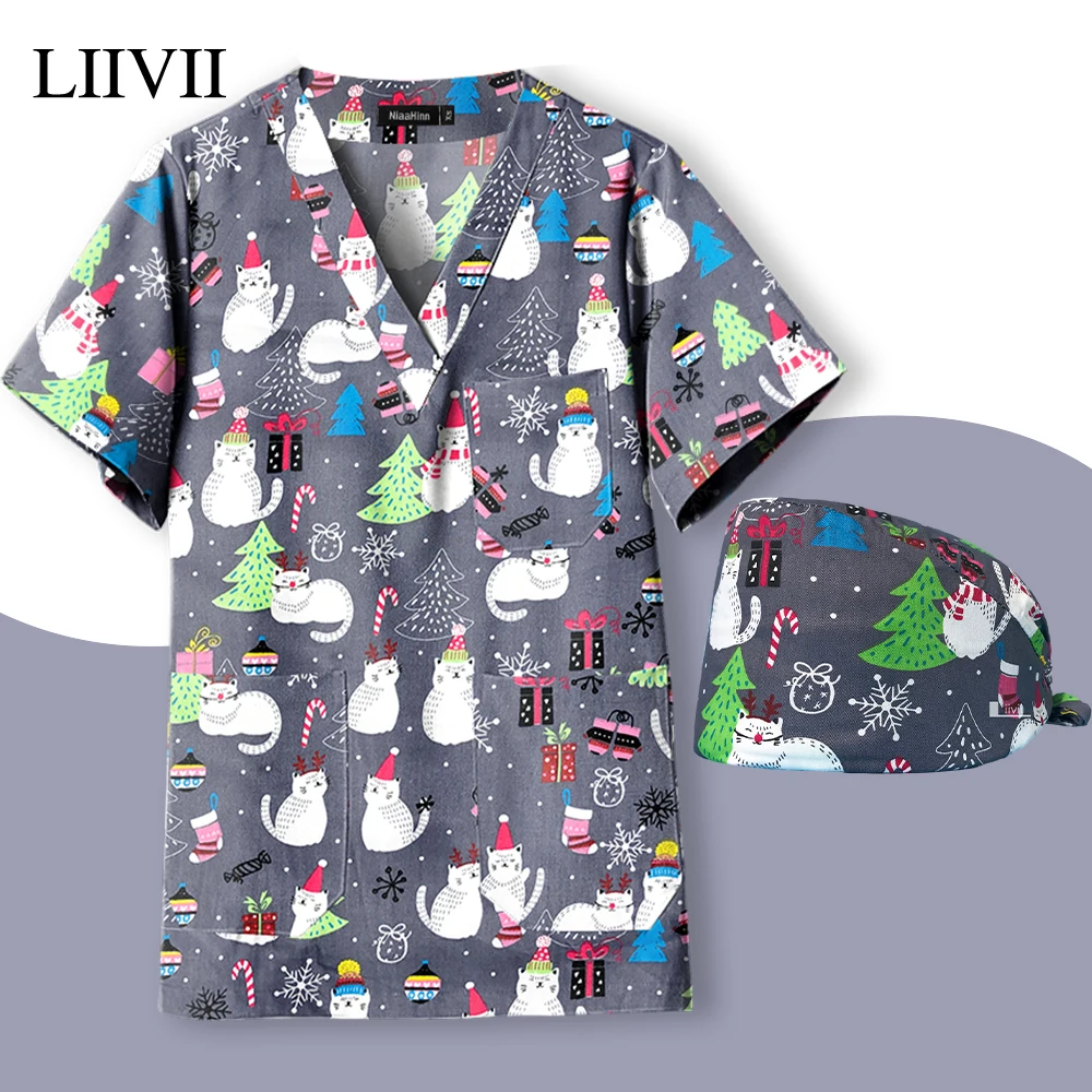 

Christmas Print Uniform New Scrub Top Medical Uniforms V Neck Scrubs Shirts with 3 Pockets Surgery Cap Dentist Overalls Workwear
