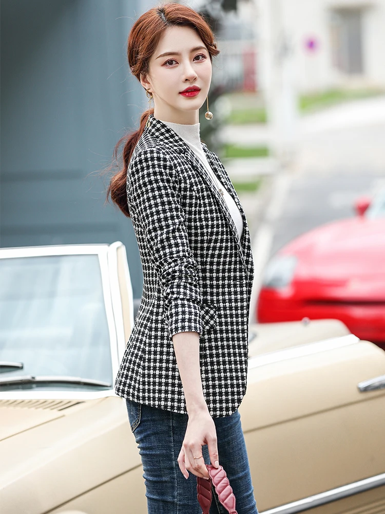 Women Fashion Casual Blazer Yellow Black Plaid Female Long Sleeve Vintage Single Button Jackets Coat Outwear