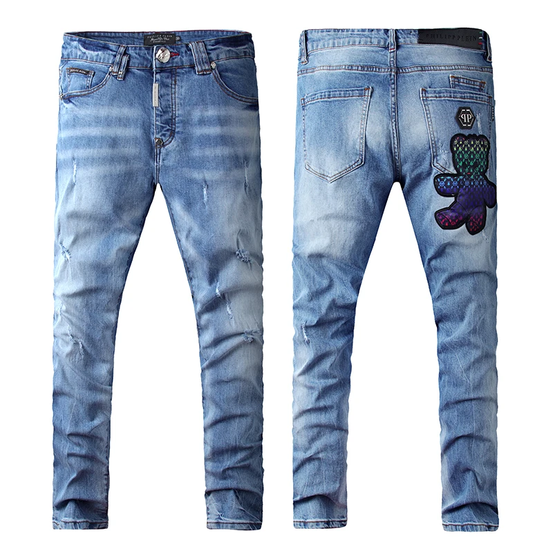 

New Men's Jeans Men's Embroidered Denim Stretch P P Jeans Phil-p plane Men's Camping Jeans blue jeans vintage