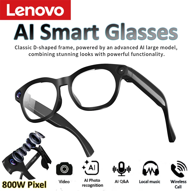 Фото Умные очки Lenovo AI с HD-камерой 800 МП, защитой от синего света, функцией Bluetooth-звонков, синхронного перевода и прямой трансляции №1