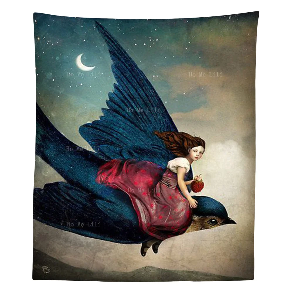 

A Girl Flying In The Sky On A Swallow Carries An Fruit In Her Hand Tapestry By Ho Me Lili For Livingroom Decor