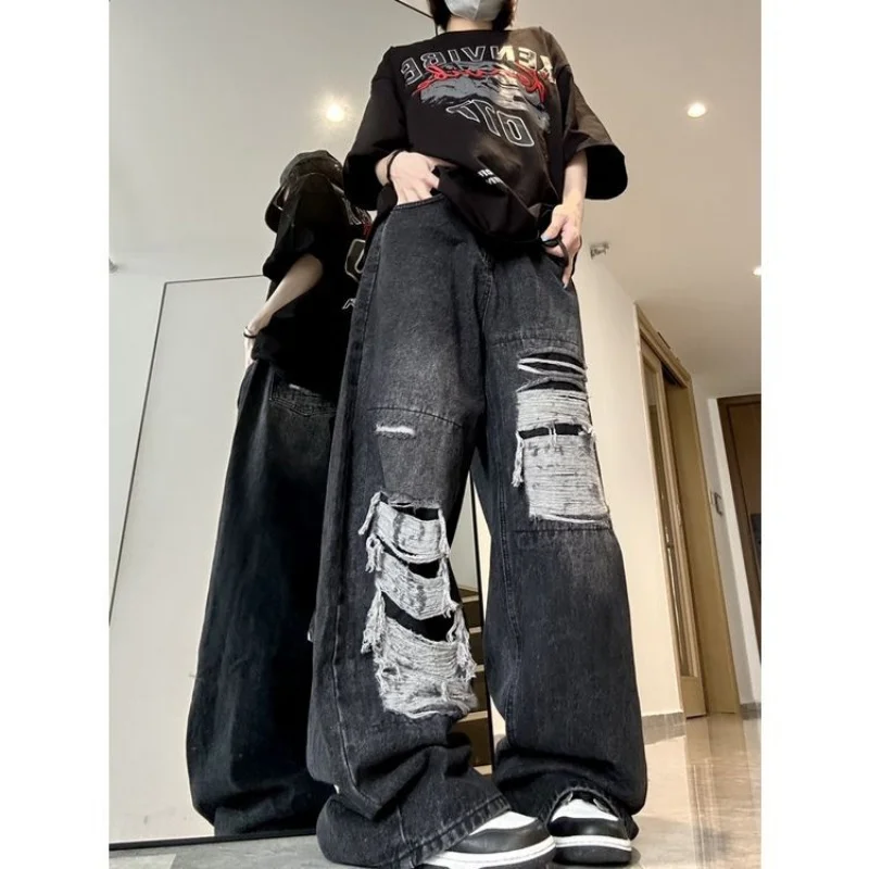 

High street black ripped jeans women 2023 summer American style straight wide leg loose niche retro fashion trend y2k jean women