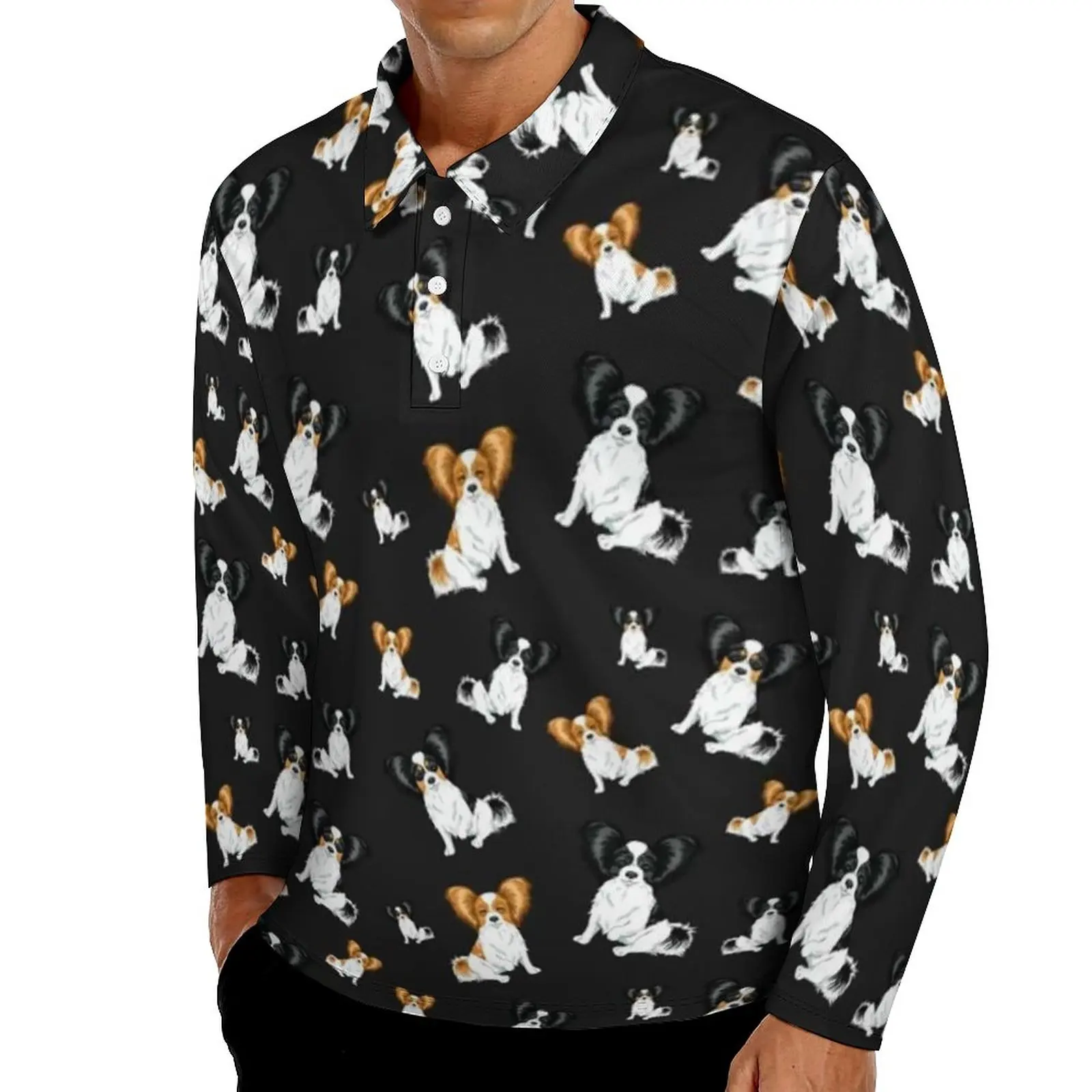 

Papillon Dog Casual T-Shirts Men Pet Lover Long Sleeve Polo Shirts Turn-Down Collar Y2K Spring Graphic Shirt Plus Size 4XL 5XL