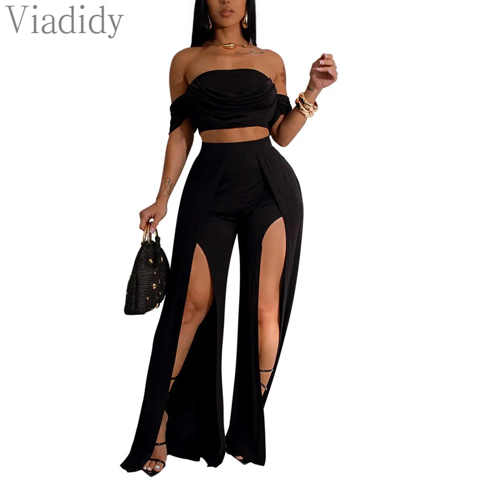 Женский пикантный однотонный топ с вырезом лодочкой и открытыми плечами брюки