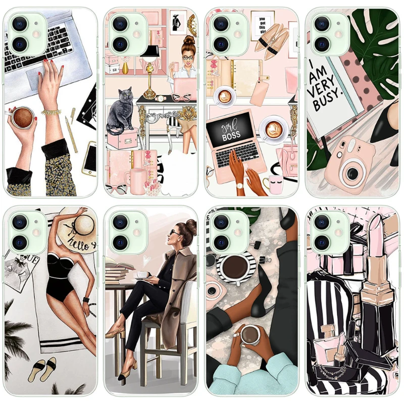 

Coffee Street Art Fashion Hand Painted Cute Girl FOR iPhone 11 12 13 Pro Max X XS XR Plus Soft TPU Case