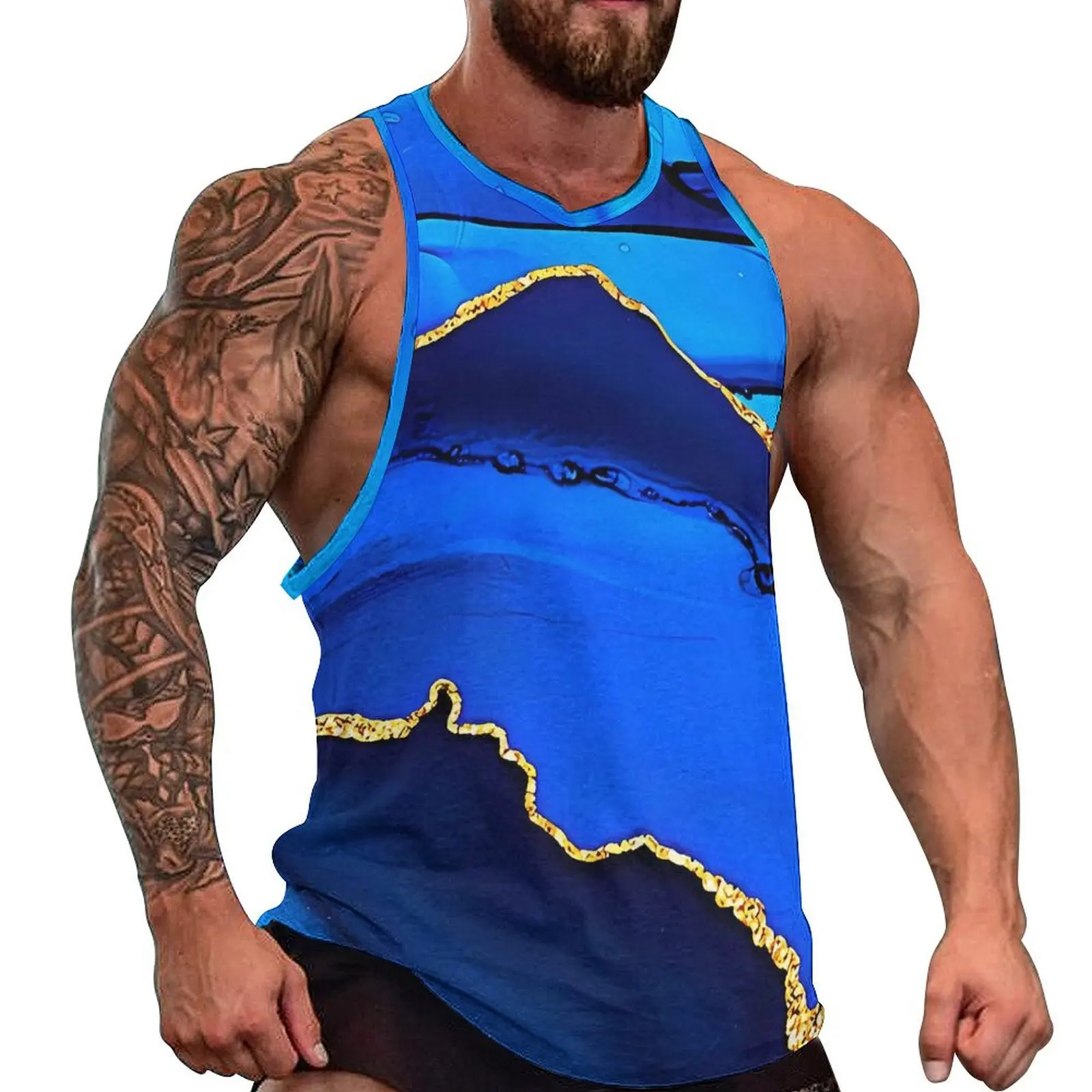 Gold And Blue Marble Print Tank Top Muscle Tops Summer Bodybuilding Man's Custom Sleeveless Shirts Plus Size