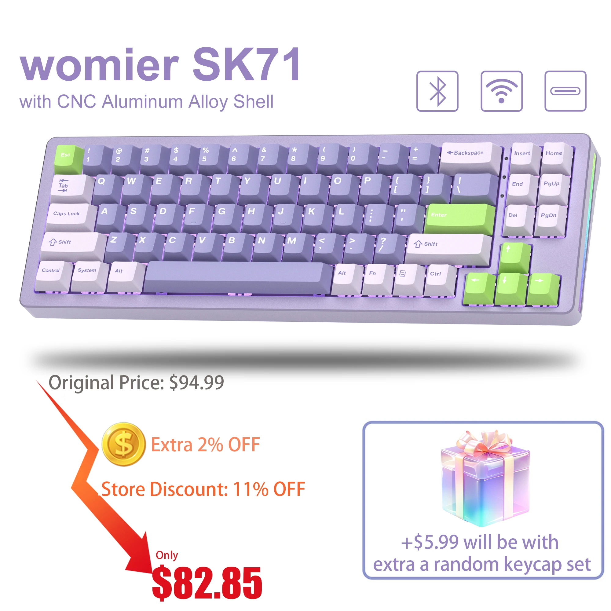 

Womier S-K71 Hot-swap 3 Modes Gasket Mounted Gaming Keyboard Wireless Mechanical Keyboard with CNC Aluminum Alloy Shell for PC