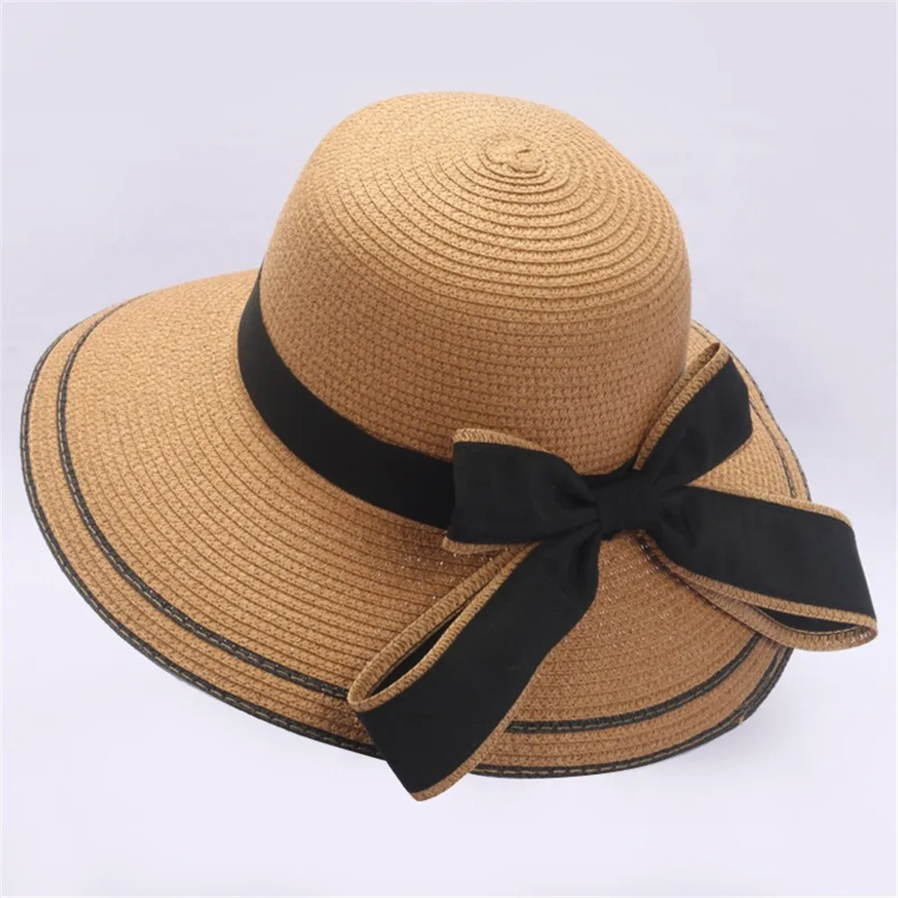 

Summer Sun Hat Big Black Bow Summer Hat For Women Foldable Straw Beach Panama Hat Visor Wide Brim UV Protect Travel Cap 2022 New