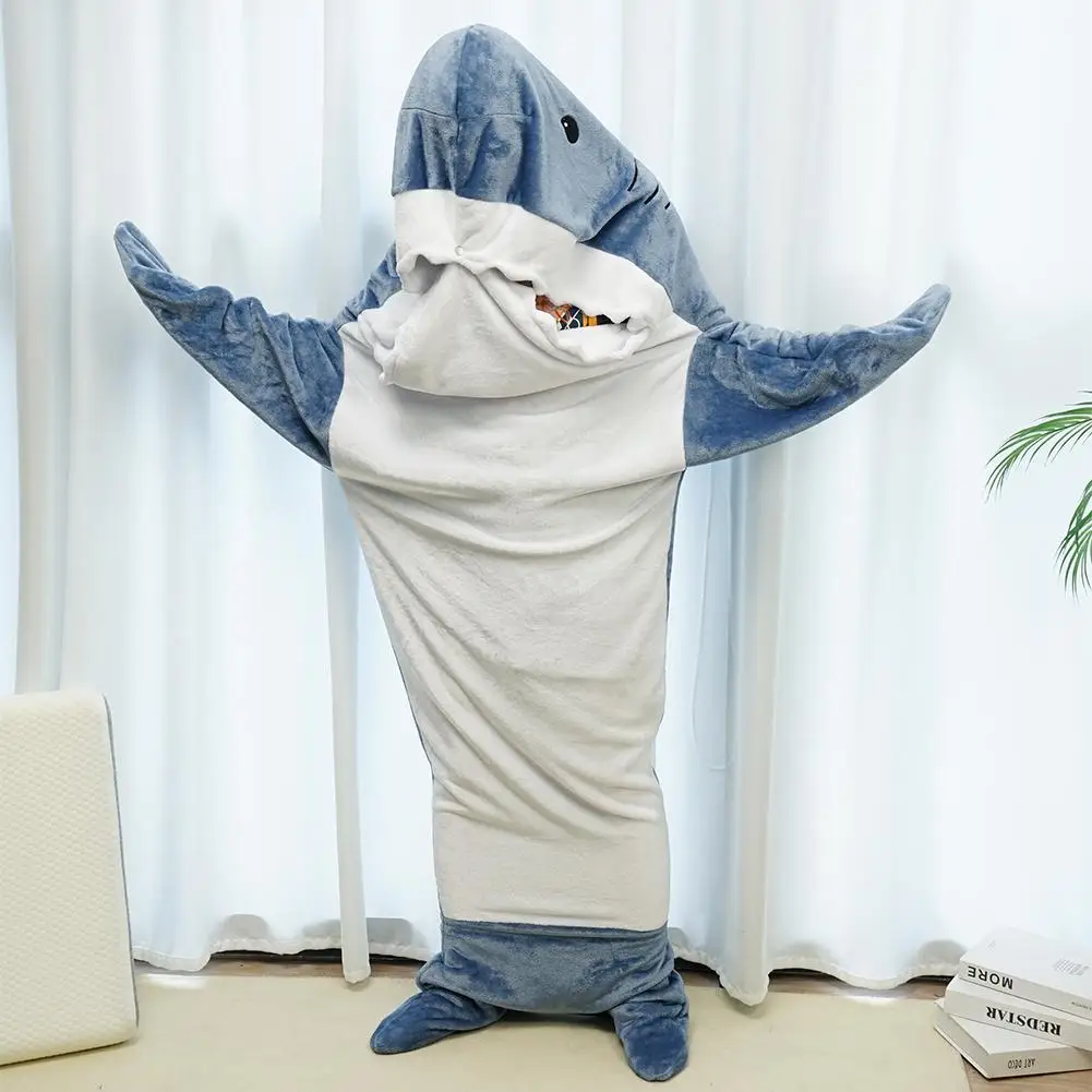

Cartoon Shark Sleeping Bag Shark Blanket Adult Soft Flannel Hoodie Wearable Loose One Piece Pajamas At Home