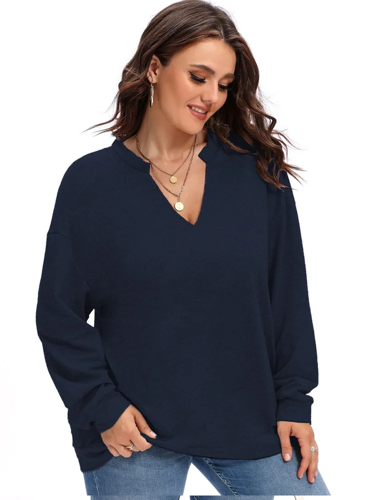 HAOOHU hot selling solid colour V-neck women's plus size t-shirt long sleeve sweater fashion knitted tops autumn and winter new