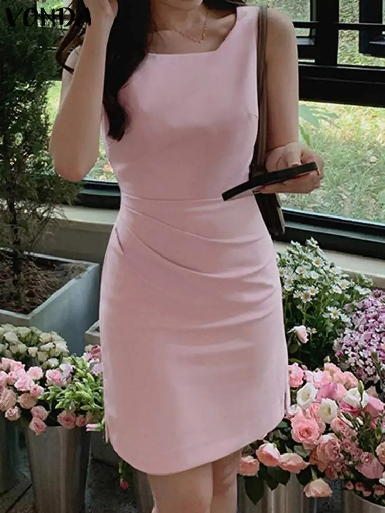 

Элегантное летнее Мини-Платье VONDA 2023, женский сексуальный сарафан без рукавов, повседневное Плиссированное однотонное бриллиантовое платье, Короткое женское платье