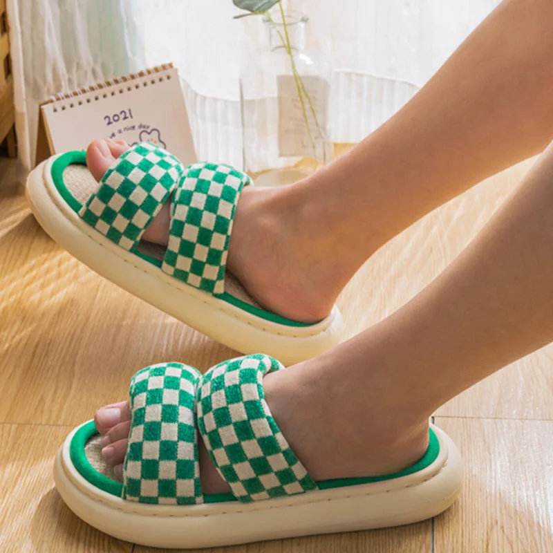 

Summer Plaid Linen Outerdoor Design Sandals Women's Four Seasons Home Indoor Non-slip Slippers Soft Platform Slip-on Slippers