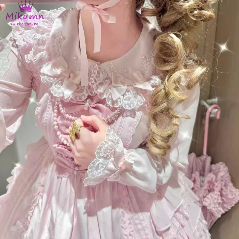 Фото Женская блузка Mikumn Harajuku Kawaii в стиле Лолита, нежно-розовая, с воротником Питер Пэн, жемчужным бантом, кружевом, в стиле Y2K, японская милая блузка с рюшами №5