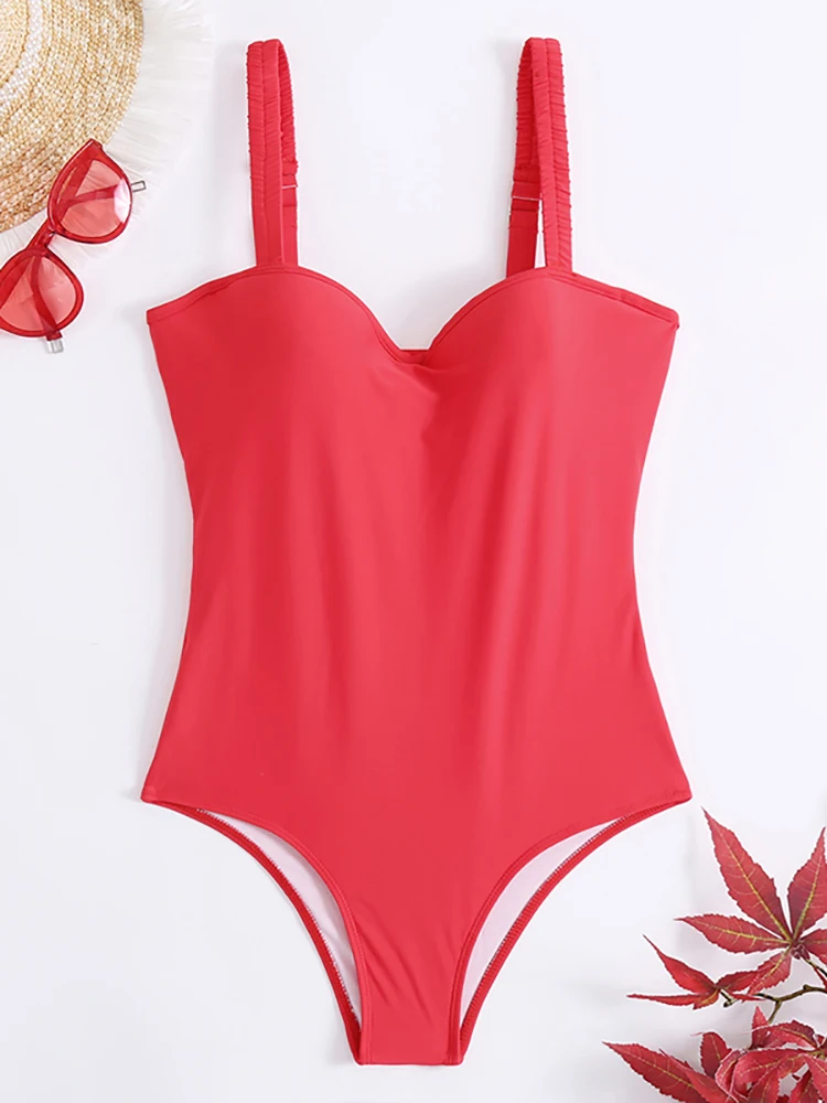 Faskob Red Solid Women's One Piece Swimsuit 2022 Female Swimwear Backless Sexy Beach Summer Bodysuit