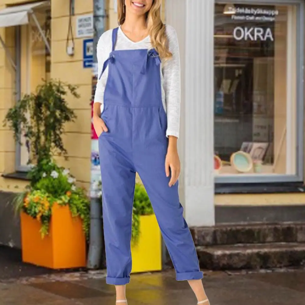 

Women Jumpsuit Adjustable Shoulder Straps Pockets Long Solid Color Breathable Casual Sleeveless Summer Romper Daily Clothes