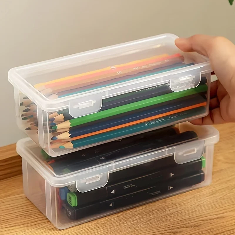 

1pc Extra Large Capacity Plastic Pencil Box Stackable Translucent Clear Pencil Box Office Supplies Storage Organizer Box