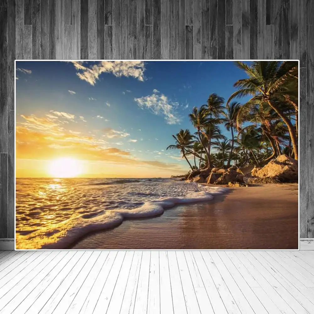 

Dusk Tropical Rock Sea Beach Photography Backgrounds Summer Holiday Sunset Waves Palm Trees Seaside Party Decors Photo Backdrops