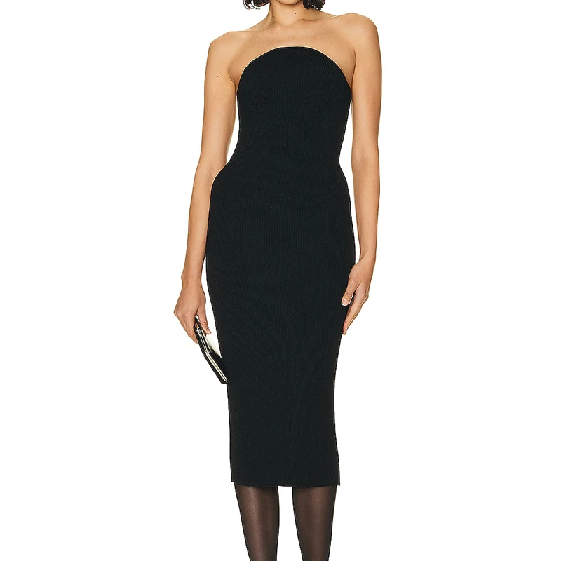2023 Summer New Bra Style Back Split Knit Asymmetric Neckline Mid Length Dress High End Luxury Design Sleeveless Evening Dress