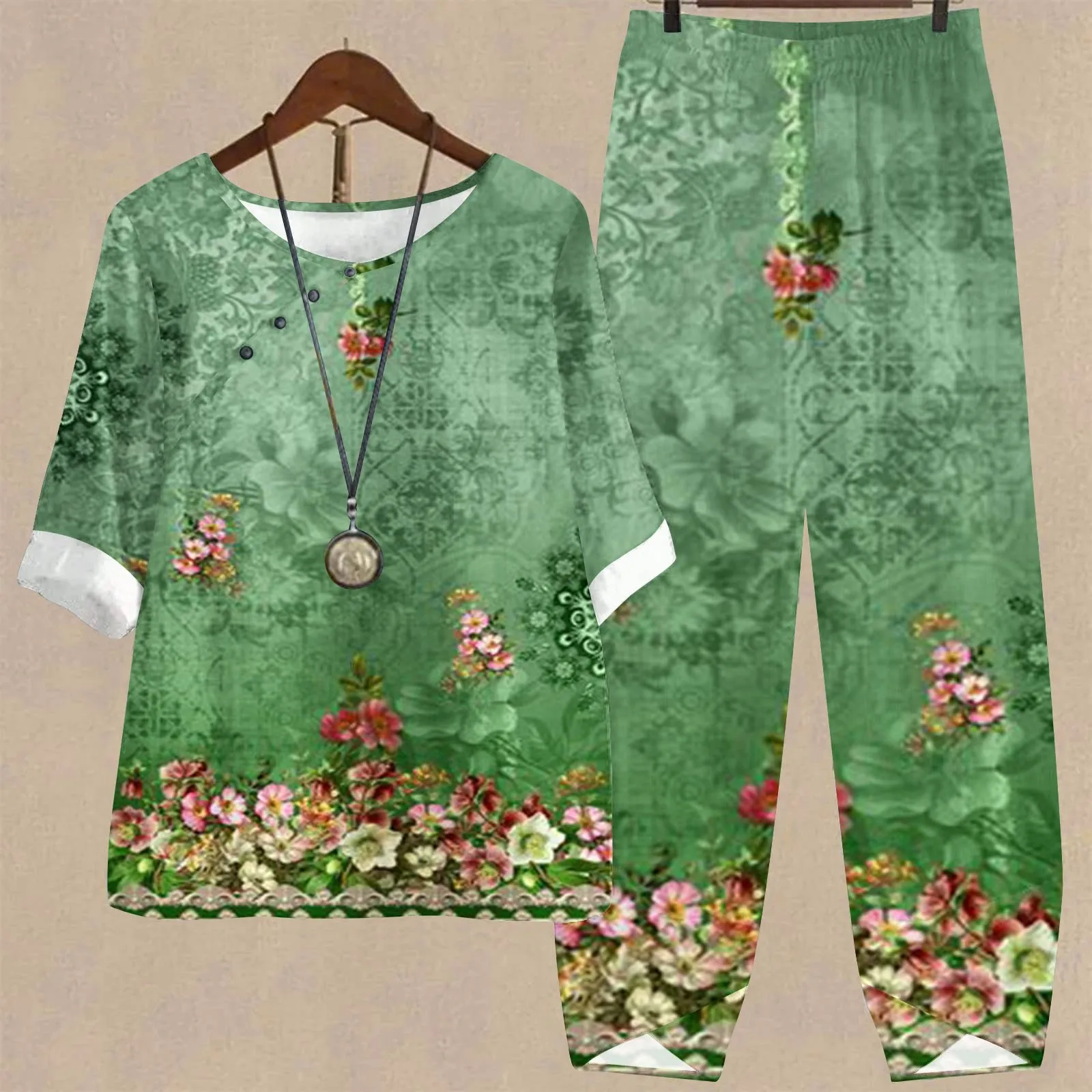 

Женский винтажный брючный костюм, комплект из двух предметов, Свободный пуловер с коротким рукавом и этническим принтом, топ, рубашка и штаны, спортивный костюм в стиле Харадзюку на лето