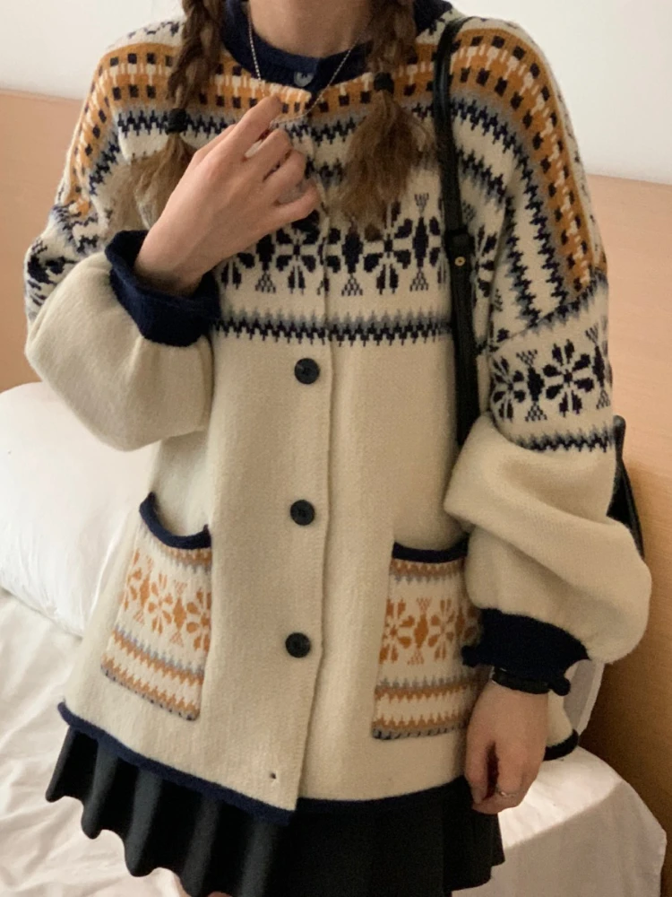 Осень/зима 2024 модный новый женский теплый вязаный кардиган с принтом в