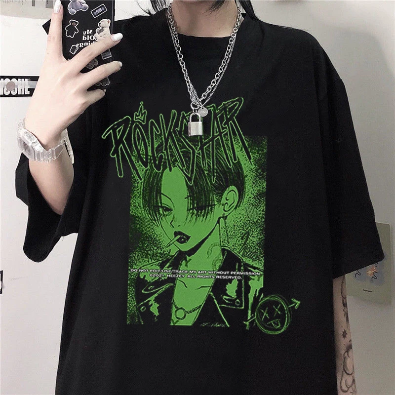 

2022 Women T Shirt Gothic Punk Cartoon Short Sleeve Streetwear Summer Loose T-shirt O-Neck Woman Clothes Tops