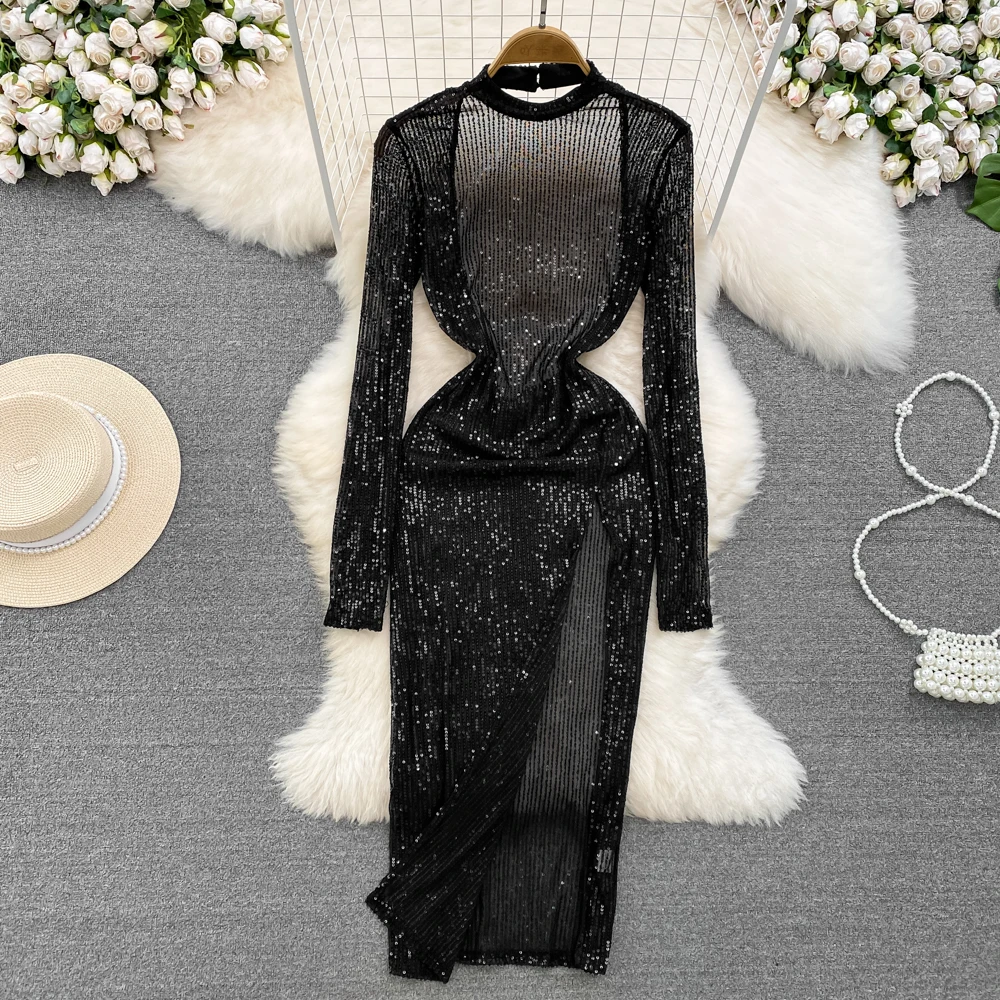 

Летнее платье в европейском и американском стиле с длинными рукавами, круглым вырезом и открытой спиной, средней длины, блестящее платье с блестками и открытыми бедрами