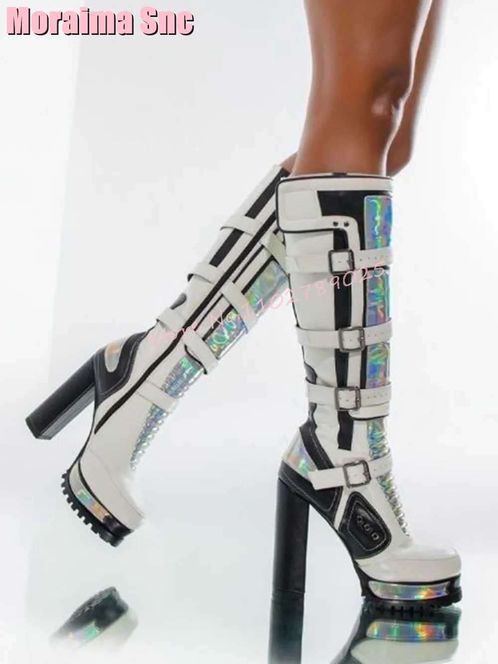 

Platform Belt Buckle Knee High Boots Women Fashion Long Boots Block Chunky Heel Side Zipper Mixed Colors Designer Ladies Shoes