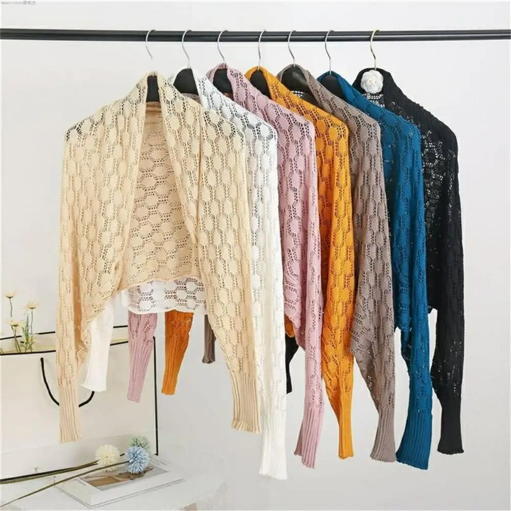 

Women Shawl Long Sleeve Soft Cardigan Open Stitch Solid Color See-through Hollow Out Sunscreen Summer Cape Coat for Home Wear