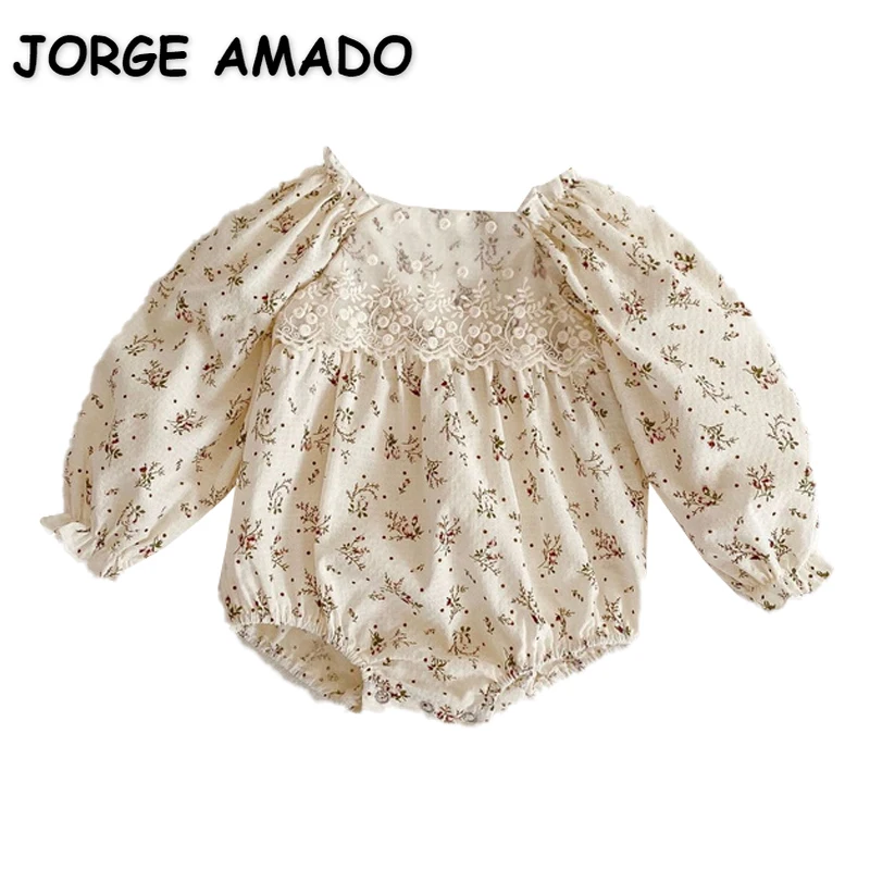 

Новинка 2022, весенний детский хлопковый кружевной комбинезон абрикосового цвета с цветочным рисунком и круглым вырезом + шапочка, Одежда для...