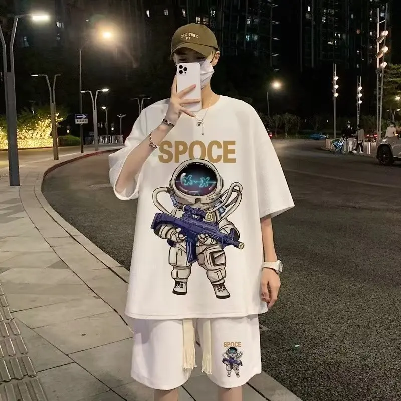 Summer Men Tracksuit Korean Fashion Streetwear Luxury Rock Short Suit Funny Bear Tshirt s Shorts 2 Piece Set Clothes For Men