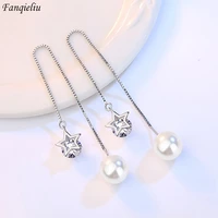 fanqieliu silver color s925 stamp luxury long chain zircon star pearl drop earrings for woman new jewelry girl trendy fql22154