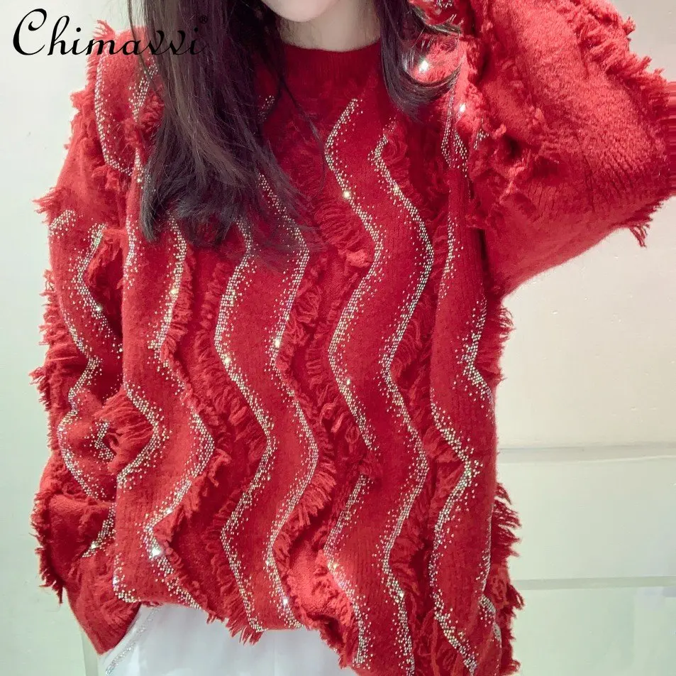 

High-end Diamond Long-Sleeved Thickened Sweater Women Fashion Sweet Mid-Length Pullover Sweet Elegant Knitted Top All-matching