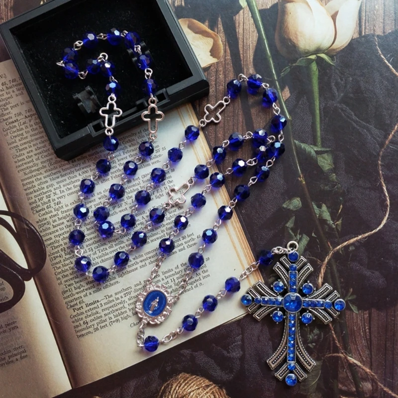 

8mm Fashion Crystal Beads Rosary Necklace Crucifix Religious Pendants Necklaces Women Catholic Jewelry Gift