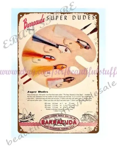 Мебель для дома 1952 Barracuda Super Dudes Fishing Lures металлическая жестяная вывеска