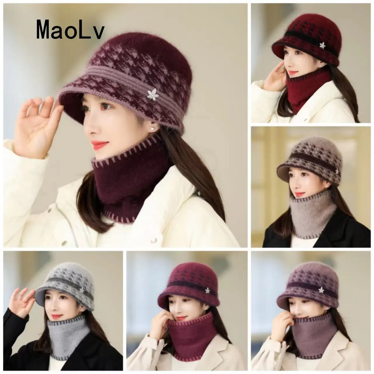 Casual Winter Knitted Hat Windproof Keep Warm Hat Scarf Set for Women Elegant Thick Rabbit Fur Bucket Hat Windproof Beanies Cap