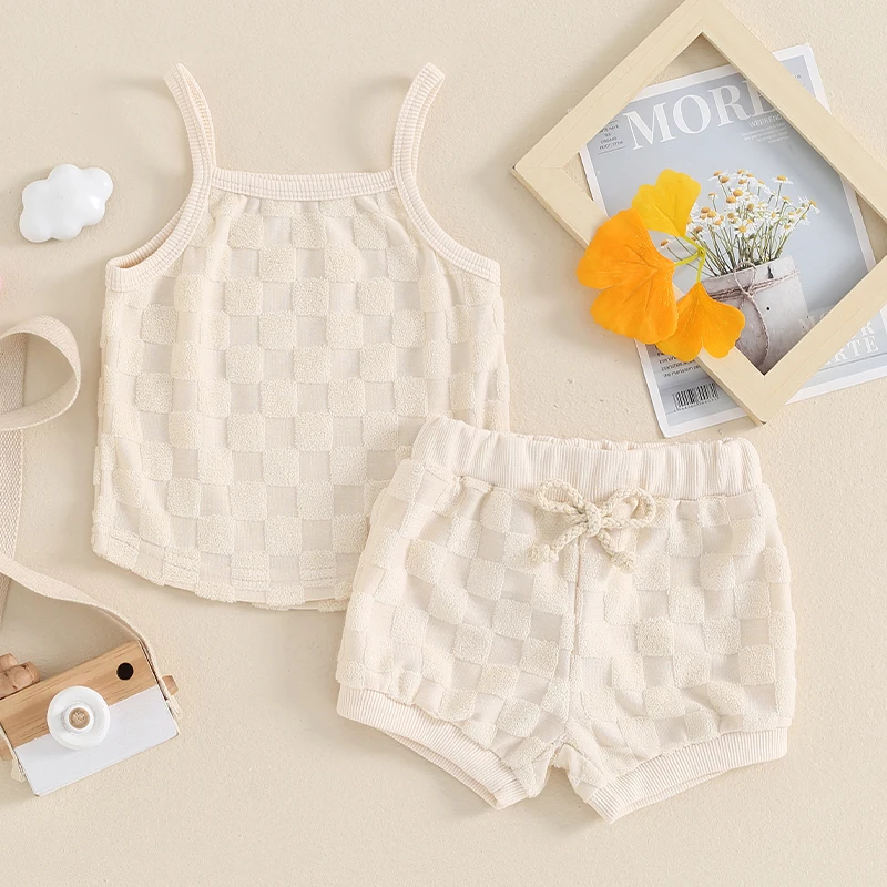 Летние трикотажные шорты для маленьких девочек комплекты с шахматным принтом